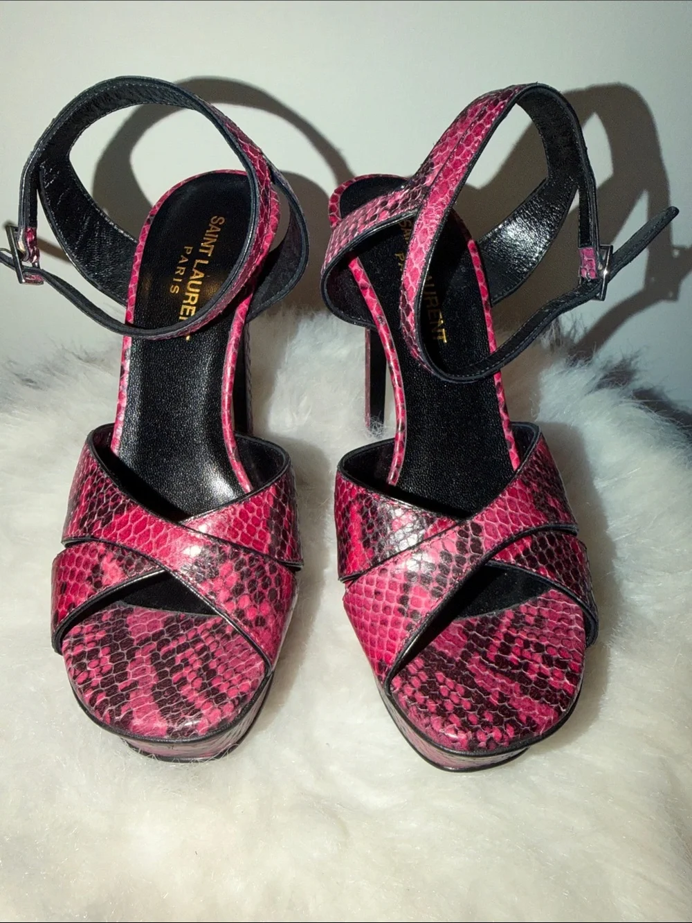 Saint Laurent Pink Snakeskin Crisscross Platform Sandals - Picture 1 of 5